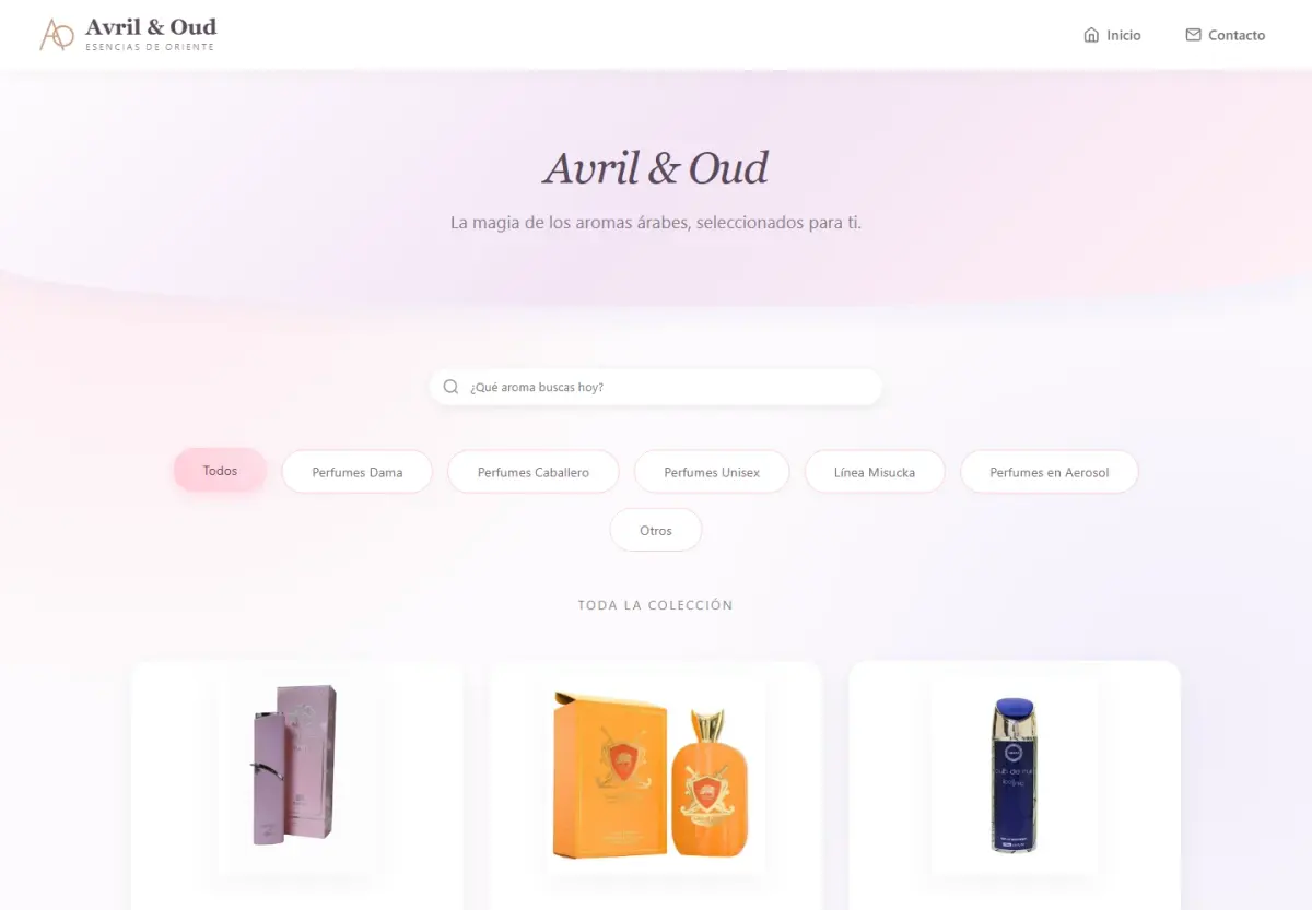 Inicio de Avril & Oud con categorías de perfumes
