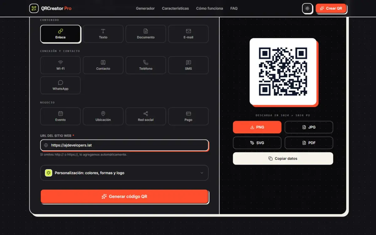 Interfaz de QRCreator Pro con tipos de código y vista previa