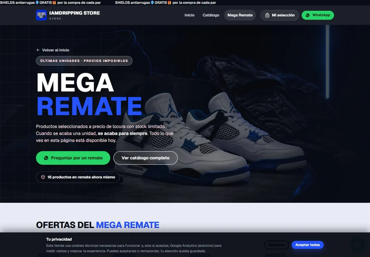 Página de Mega Remate de IAMDRIPPING con ofertas y stock limitado