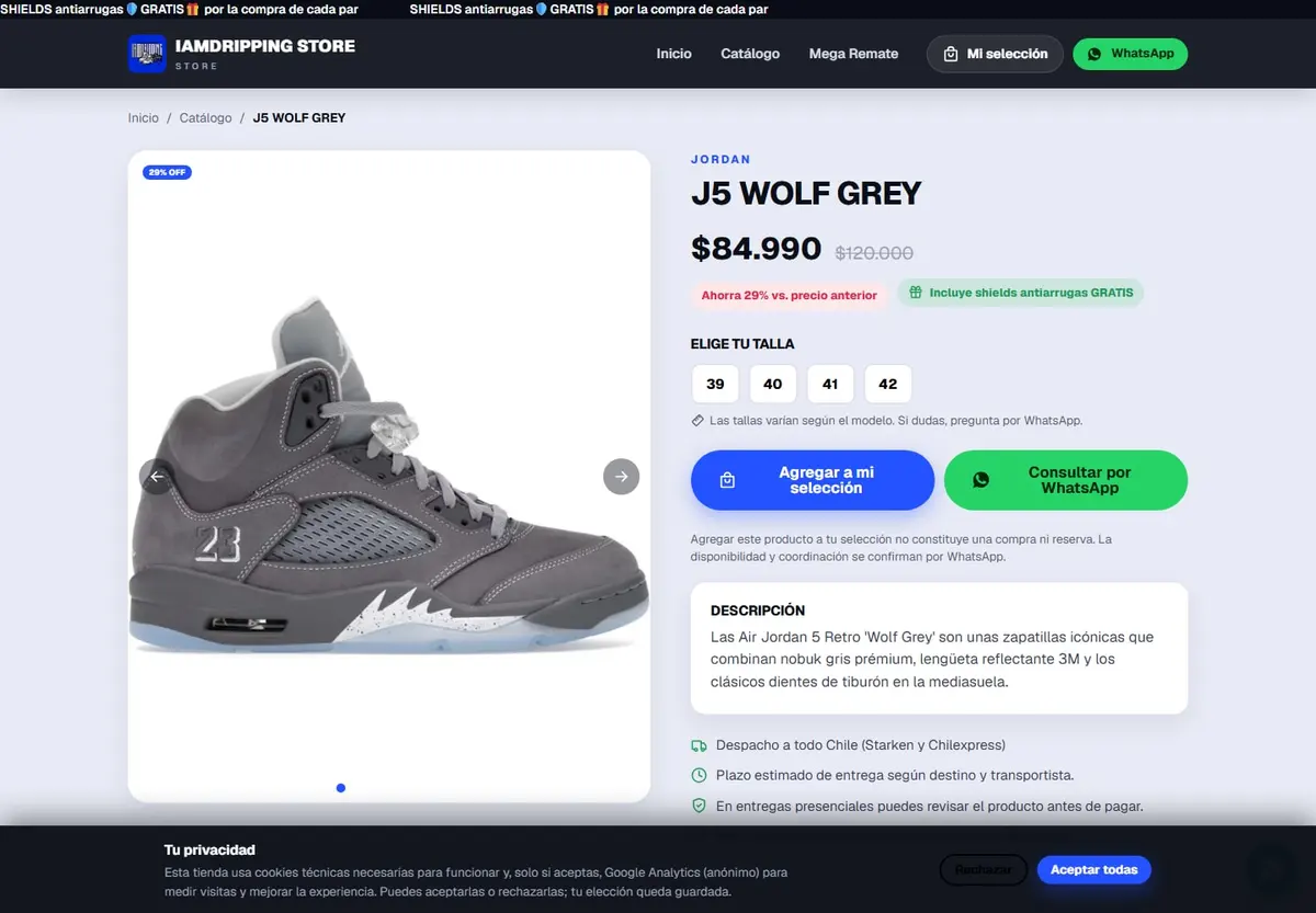 Ficha de producto de IAMDRIPPING con tallas y botones de selección y WhatsApp