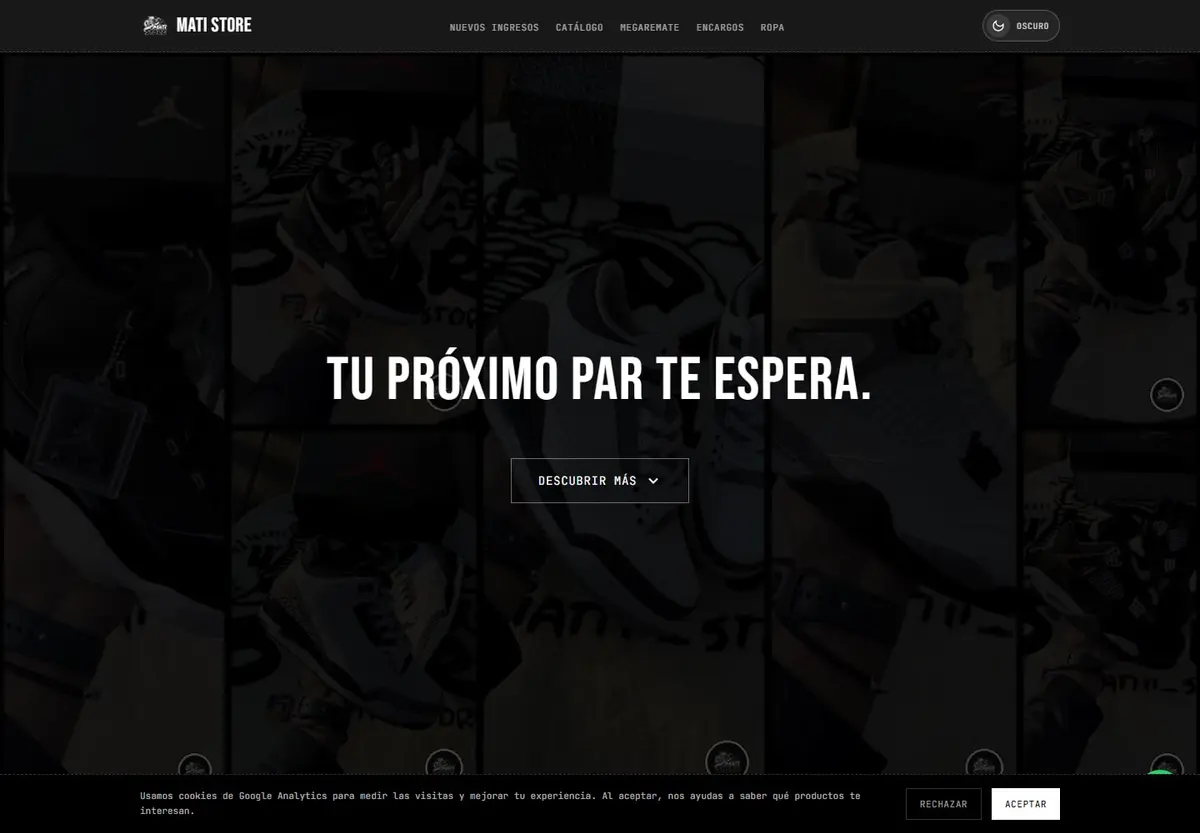 Portada en modo oscuro de Mati Store con zapatillas, navegación y botón de WhatsApp