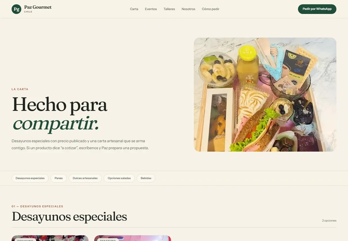 Carta pública de Paz Gourmet con productos y precios
