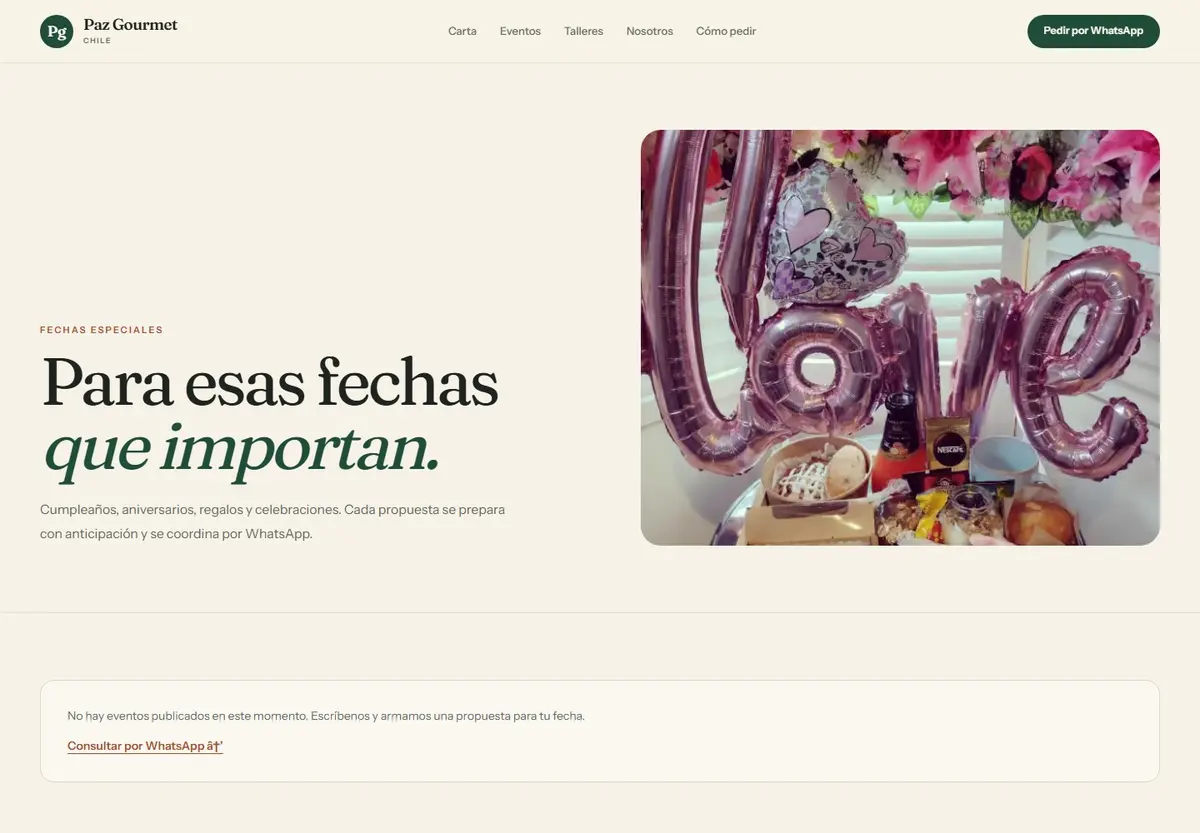 Página de eventos de Paz Gourmet para fechas especiales