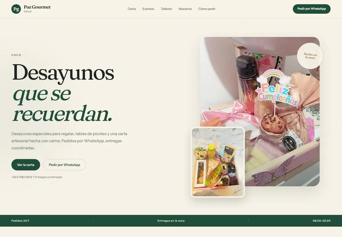 Página pública de Paz Gourmet con desayunos, navegación y pedido por WhatsApp