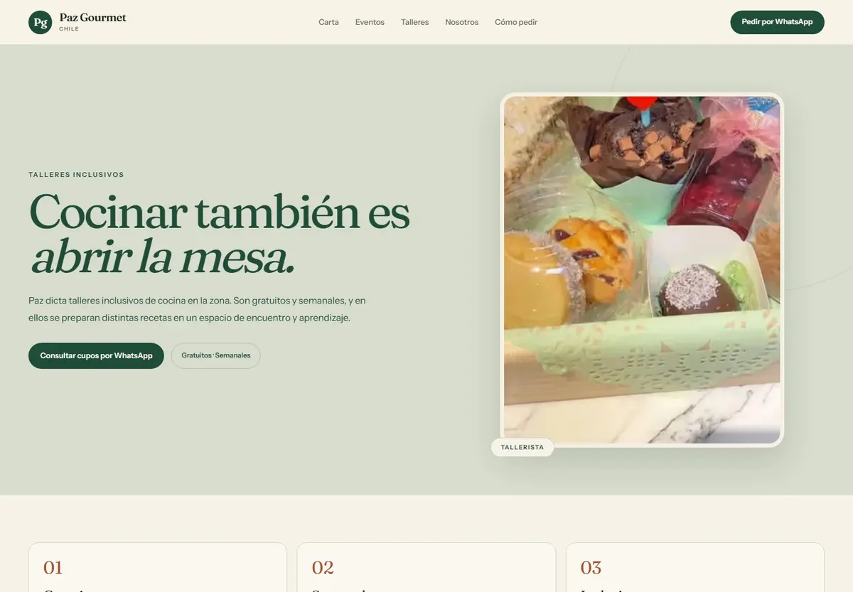 Página de talleres inclusivos de cocina de Paz Gourmet